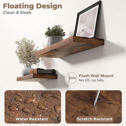 24 Inch Floating Shelves for Wall Set of 2, 8"D Wood Grain Bathroom Shelves with Invisible Brackets, Easy Install Engineered Wood Storage Shelves for Kitchen, Living Room, Bedroom, Rustic Brown Finish