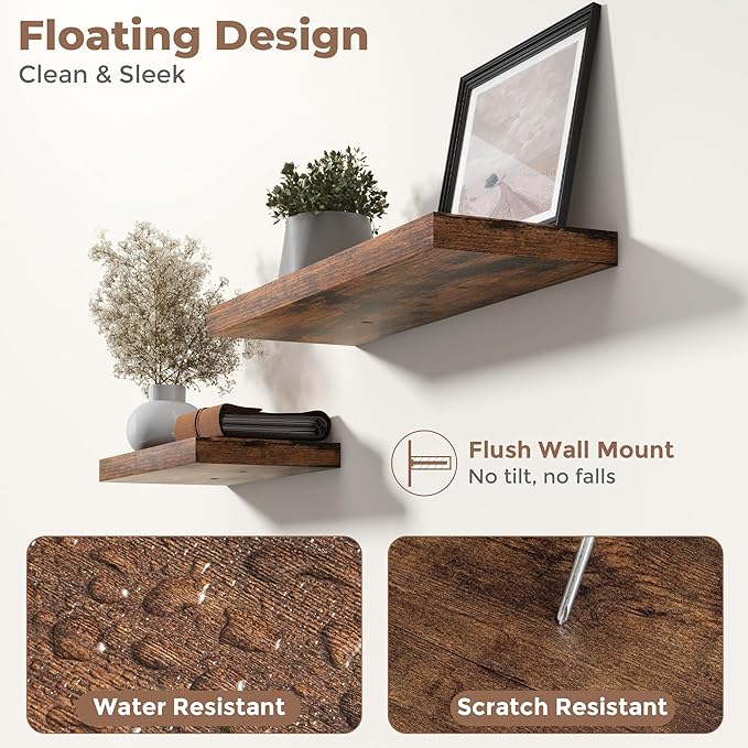 30 Inch Floating Shelves for Wall Set of 2, 8"D Wood Grain Bathroom Shelves with Invisible Brackets, Easy Install Engineered Wood Storage Shelves for Kitchen, Living Room, Bedroom, Rustic Brown Finish