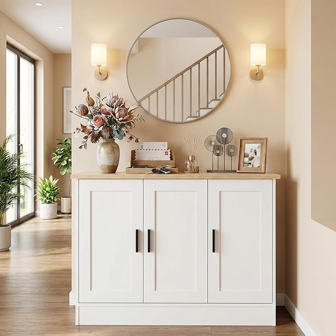 Anystyle 43" White Buffet Cabinet with Black Handles, Small Kitchen Sideboard with 3 Doors & Adjustable Shelves, Modern Entryway Credenza & TV Console Table for Living Room, Dining Room