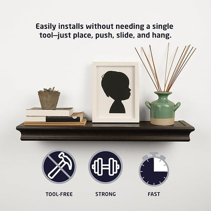HIGH & MIGHTY 515603 Modern 18" Floating Shelf Holds up to 15lbs, Easy Tool-Free Dry Wall Installation, Flat, Retail Packaging, Espresso