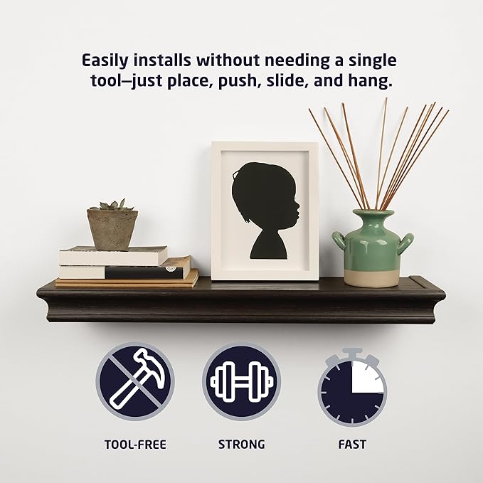 HIGH & MIGHTY 515653 Modern 18" Floating Shelf Holds up to 15lbs, Easy Tool-Free Dry Wall Installation, Flat, eCommerce Packaging, Espresso