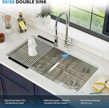 36 Inch Undermount Double Bowl Kitchen Sink 16 Gague 304 Stainless Steel Double Handmade Sinks 50/50 Large Deep Double Bowl Sinks 36"x19"x10"
