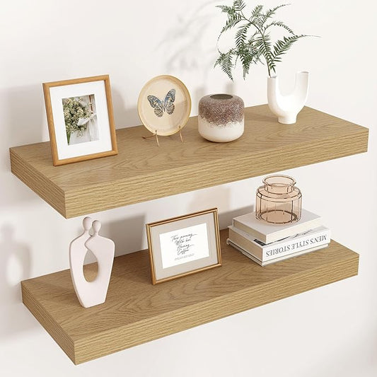 Venusmiles Floating Shelves for Wall, Engineered Wood Wall Shelves with Invisible Brackets for Living Room Bedroom Bathroom Office Kitchen Decor and Storage (Oak, 24" W x 9" D x 1.5" H) Set of 2