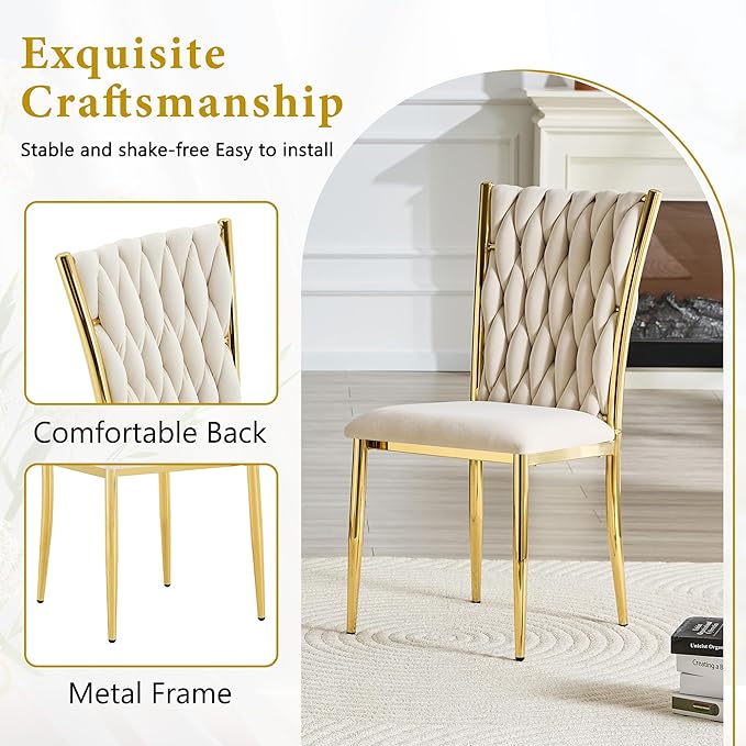 Upholstered Dining Chairs Set of 4, Hand-Woven Back Kitchen Chair, Luxury Gold Dining Chairs,Velvet Upholstery with Metal Legs, Modern Velvet Chair for Dining Room、Kitchen、Restaurant