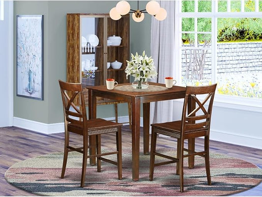 HomeStock Counter Height Table Set - 3 Piece Dining Set with Stools - Mahogany Finish - Kitchen Island Table