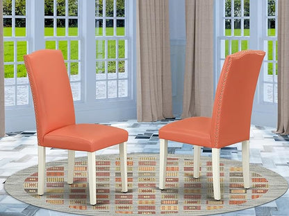 East West Furniture ENP2T78 Encinal Parsons Dining Chairs - Nailhead Trim Pink Flamingo Faux Leather Upholstered Chairs, Set of 2, Linen White