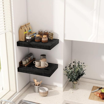 12 Inch Deep Black Floating Shelves, 16 x 12 Floating Shelf for Books, Rustic Wood Deep Wall Shelves for Home Storage & Display, 2" Thicked Shelves for Kitchen, Living Room, Bedroom, 2 Pack