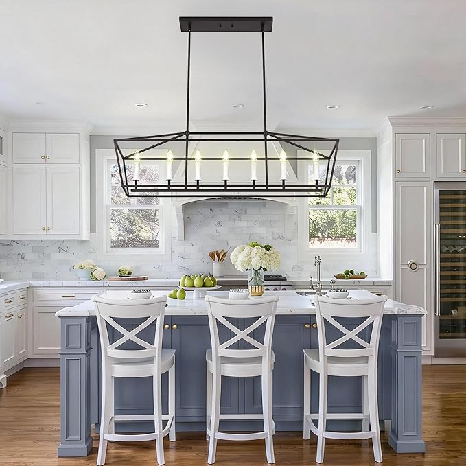 VINLUZ 7 Light Dining Room Chandelier in Black and White Finish,E12 Classic Kitchen Island Pendant Lighting Fixture Adjustable Height for Living Room Bedroom