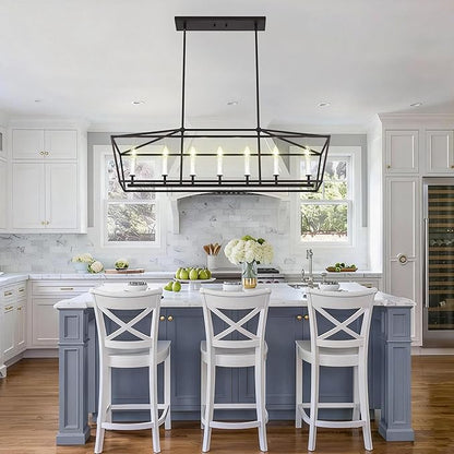 VINLUZ 7 Light Dining Room Chandelier in Black and White Finish,E12 Classic Kitchen Island Pendant Lighting Fixture Adjustable Height for Living Room Bedroom