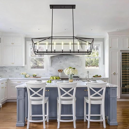 VINLUZ 7 Light Dining Room Chandelier in Black and White Finish,E12 Classic Kitchen Island Pendant Lighting Fixture Adjustable Height for Living Room Bedroom