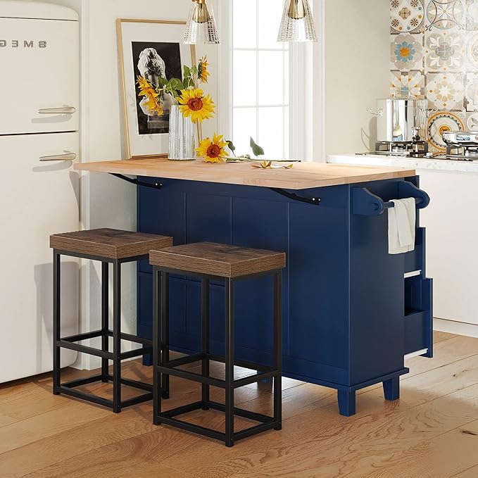 Farmhouse Kitchen Island Set with 2 Stools and Drop Leaf Dining Table with Storage Cabinet, Drawers and Towel Rack for Small Place (Blue+Black+Brown*)