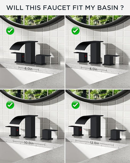 FORIOUS Square Matte Black Bathroom Faucets 3 Hole, Waterfall 8 Inch Widespread Bathroom Sink Faucet with Metal Pop-up Drain and Supply Lines, Two Handles for Vanity, RV, Farmhouse