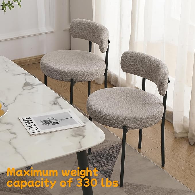 EDWELL Grey Dining Chairs Set of 6, Mid Century Modern Dining Room Chairs with 3.94” Cushions, Round Upholstered Boucle Chairs with Black Metal Legs for Kitchen, Living Room