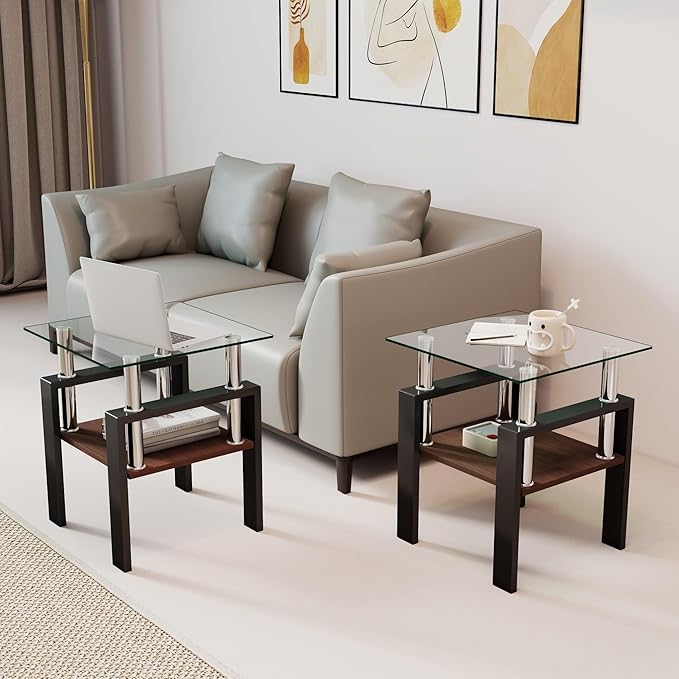 Set of 2 Glass End Table, 2-Layer Glass Living Room Table, Modern Tea Table Side Tables for Home Office Furniture