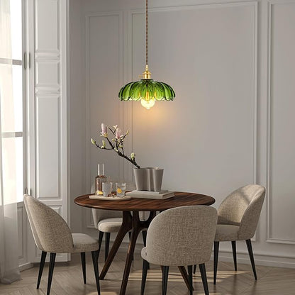 Pendant Light Fixture, Hanging Light Fixture, Glass Shade Pendant Light with Rotary Switch, Modern Lamp for Kitchen Island, Bedroom, Dining Room, Living Room (Green Lotus, Hard-Wired)