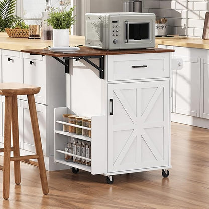 39.3" Kitchen Island with Side Drop Leaf, Space-Saving Rolling Kitchen Cart with Lockable Wheels, Storage Island with Open Side Rack, One Drawer & Towel Rack, for Kitchen, White