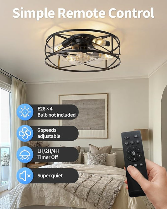 KDG 19.7″ Retro Low Profile LED Ceiling Fans with Light, Reversible Ceiling Fans Flush Mount with Remote and 6 Speeds, E26 Base Buld for Bedroom, Dinning Room, Kids Room, Kitchen