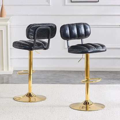 Set of 2 Bar Stools with Adjustable Height, Black PU Leather Upholstered Stools with Gold Metal Base Footrest for Kitchen Island, Home Bar, Game Room