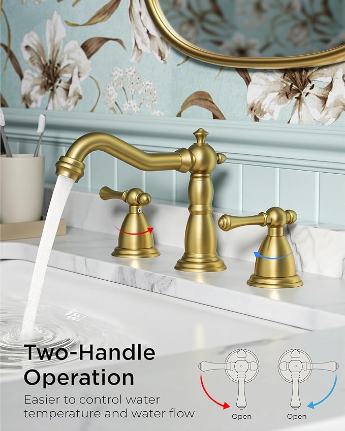 FORIOUS Brushed Gold Bathroom Sink Faucets 3 Hole, 2 Handle Widespread Gold Faucet for Bathroom Sink with Pop-Up Drain and Water Supplies for Commercial Vanity Lavatory Restroom Farmhouse