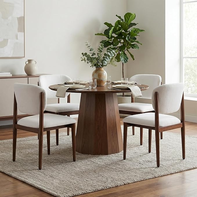 Casaphoria Dining Chairs Set of 2, Solid Walnut Wood Legs Upholstered Kitchen Chairs, Mid Century Modern Ergonomic Curved Back Accent Chair for Dining Room, Home Office and Vanity, White