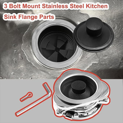 Garbage Disposal Flange Kit with Stopper for InSinkErator,3 Bolt Mount Stainless Steel Kitchen Sink Flange Parts and Stopper Compatible with InSinkErator Models Garbage Disposal(110mm)