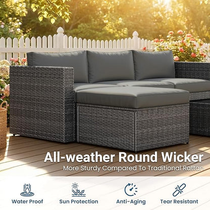 Wisteria Lane 5-Pieces Outdoor Patio Furniture Set, All Weather Wicker Rattan Sectional Sofa, Patio Conversation Set with Cushions & Glass Coffee Table for Backyard Porch Garden Balcony, Grey