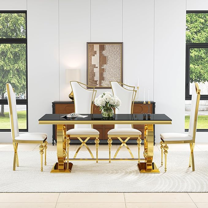 7-Piece Modern Dining Table Set, 70" Black Tempered Glass Kitchen Table with Gold Polished Stainless Steel U-Shaped Pedestal Base and 6 White High Back Chairs with X-Shaped Legs, for Dining Room