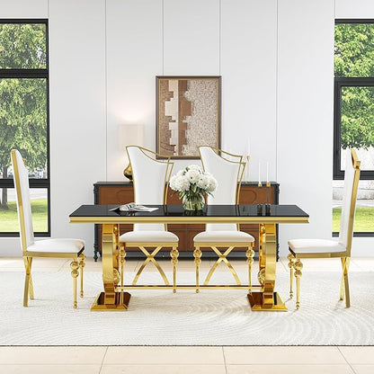7-Piece Modern Dining Table Set, 70" Black Tempered Glass Kitchen Table with Gold Polished Stainless Steel U-Shaped Pedestal Base and 6 White High Back Chairs with X-Shaped Legs, for Dining Room