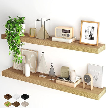Fun Memories Floating Shelves for Wall, 48Inch Floating Shelves Set of 2, Hanging Shelf with Invisible Brackets, Wood Shelves for Living Room, Bedroom, Kitchen, Oak