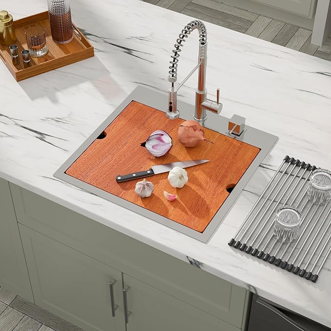 Dcolora 21 Inch Drop-In Kitchen Sink Workstation, 16 Gauge Stainless Steel Topmount Single Bowl Sink with Full-Cover Cutting Board, Grid & Drying Rack, Deep Bar/Utility Sink, 21"x20"x10", #DC-T7756