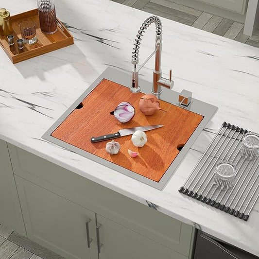 Dcolora 21 Inch Drop-In Kitchen Sink Workstation, 16 Gauge Stainless Steel Topmount Single Bowl Sink with Full-Cover Cutting Board, Grid & Drying Rack, Deep Bar/Utility Sink, 21"x20"x10", #DC-T7756