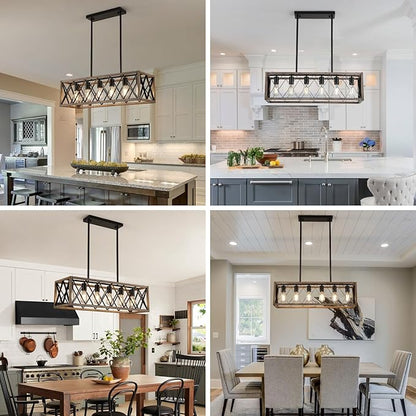 Farmhouse Dining Room Light Fixtures,Rustic Vintage Antique Linear Chandeliers for Dining Room,Kitchen Island,Bar,Office Coffee Shop,Oak White and black Adjustable Hanging Pendant Light 6-Lights