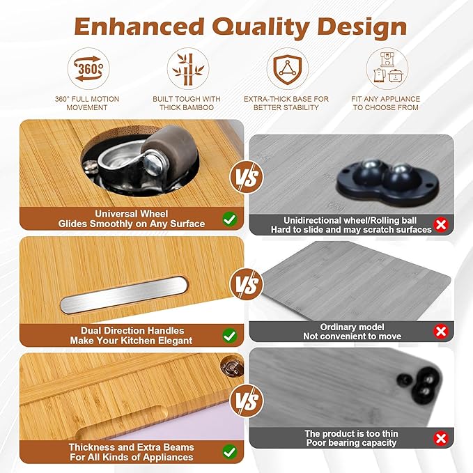 oy&Grace Appliance Slider for Kitchen Appliances 360° Rolling Sliding Tray for Coffee Maker Countertop, Bamboo Coffee Pot Slider Rolling Tray with Universal Rollers (Natural, Large 16"x13")