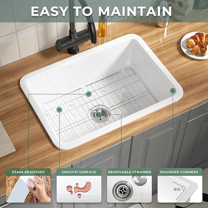 Fireclay White Undermount Kitchen Sink 27 Inch, Topmount White Undermount Laundry Sink 27''Wx19''Dx10''H Drop In Single Bowl, Heavy Duty Deep Basin, Dual Mount, for Kitchen, Island, Laundry