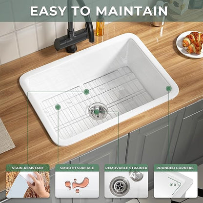 Fireclay White Undermount Kitchen Sink 27 Inch, Topmount White Undermount Laundry Sink 27''Wx19''Dx10''H Drop In Single Bowl, Heavy Duty Deep Basin, Dual Mount, for Kitchen, Island, Laundry