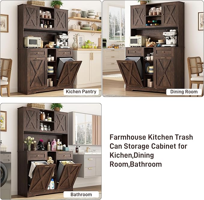 71" Tall 47"Wide Kitchen Pantry Storage Cabinet with Power Outlets,Farmhouse Kitchen Double Tilt Out Trash Cabinet 10X2 Gallon Garbage Holder with Two Drawers,Freestand Laundry Sort Cabinets(Brown)