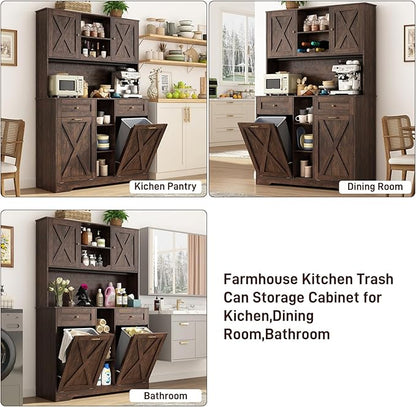 71" Tall 47"Wide Kitchen Pantry Storage Cabinet with Power Outlets,Farmhouse Kitchen Double Tilt Out Trash Cabinet 10X2 Gallon Garbage Holder with Two Drawers,Freestand Laundry Sort Cabinets(Brown)