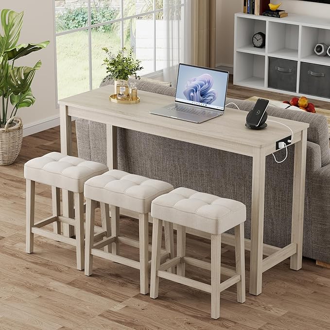Giantex 4-Pieces Bar Table Set with Charging Station, 59-inches Dinner Tables with 3 Padded Stools, Adjustable Foot Pads, Space-Saving Dining Table Set for Dinette, Dining Room, Kitchen
