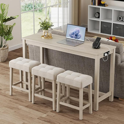 Giantex 4-Pieces Bar Table Set with Charging Station, 59-inches Dinner Tables with 3 Padded Stools, Adjustable Foot Pads, Space-Saving Dining Table Set for Dinette, Dining Room, Kitchen