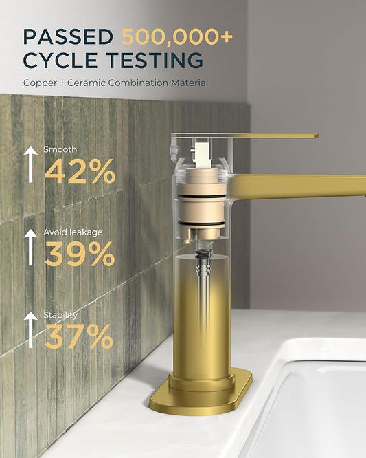 FORIOUS Gold Bathroom Faucet 1 Hole, Single Hole Brushed Gold Bathroom Faucet Single Handle with 1.2 GPM Water-Saving Aerator, Pop Up Drain and Hose, Modern Restroom Sink Tap with Deck Plate, Vanity