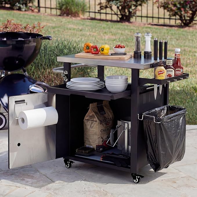 39.5" Outdoor Kitchen Island with Stainless Steel Top and Storage Cabinet, Metal Kitchen Island with Hooks and Spice Rack, Rolling Grill Cart with Wheels for BBQ Waterproof Cover Included Black