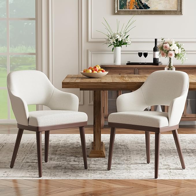 MALOL Wooden Dining Chairs Set of 2, Modern Fabric Upholstered Dining Room Chair, Kitchen Side Chairs, Farmhouse Dinner Chair with Open Back for Kitchen, Beige