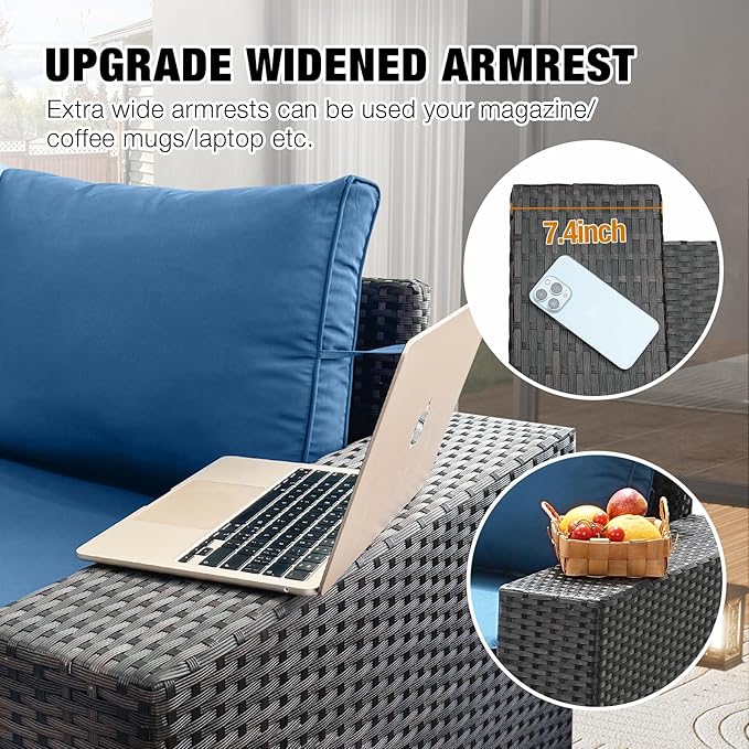 JOYURE 6 Pieces Patio Furniture Set All-Weather Outdoor Wicker Sectional Conversation Sofa Rattan Patio Seating Sofa with Cushion and Glass Table for Porch Poolside,Peacock Blue