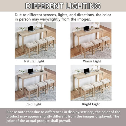 LKTART Bar Table and Chairs Set of 4, Bar Height Dining Table Set with Power Outlet and 3 Padded Stools Industrial Breakfast Table Set for Living Room, Small Space, Light Oak