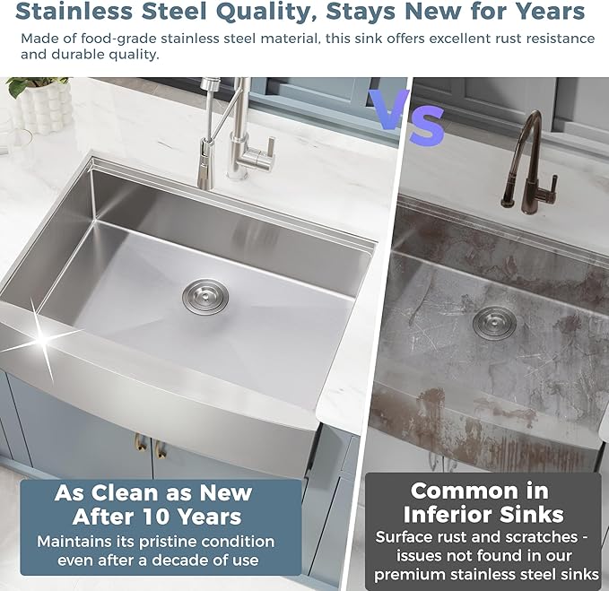 30x22 Inch Farmhouse Kitchen Sink – Workstation Apron Front, ALWEN Single Bowl Sink, 16 Gauge Scratch-Resistant Stainless Steel, R10 Radius, Ledge & Accessories Included