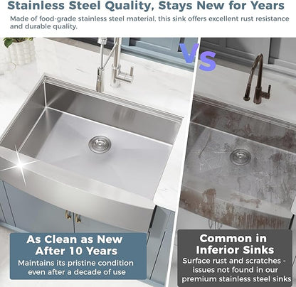 30x22 Inch Farmhouse Kitchen Sink – Workstation Apron Front, ALWEN Single Bowl Sink, 16 Gauge Scratch-Resistant Stainless Steel, R10 Radius, Ledge & Accessories Included