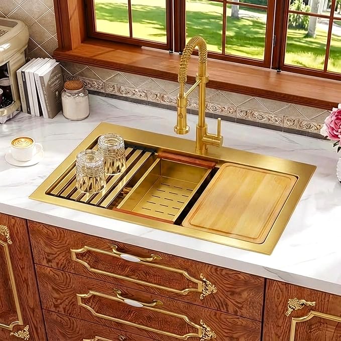 Rhbamoa Gold Kitchen Sink,31 Inch Gold Drop in Kitchen Sink Single Bowl,16 Gauge T304 Stainless Steel Workstation Sinks,10 Inch Deep Topmount Sinks with All Accessories