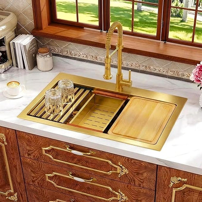 Rhbamoa Gold Kitchen Sink,31 Inch Gold Drop in Kitchen Sink Single Bowl,16 Gauge T304 Stainless Steel Workstation Sinks,10 Inch Deep Topmount Sinks with All Accessories