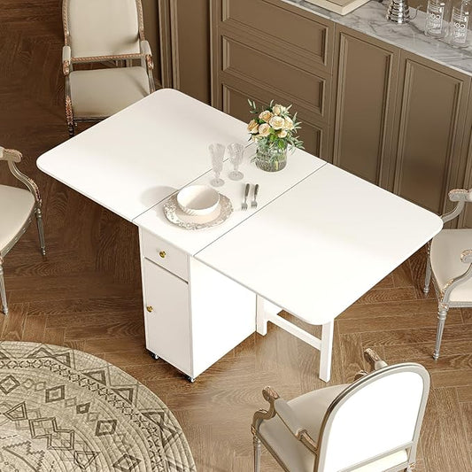 No Assembly Required Foldable Dining Table, Space Saving Extendable Kitchen Island with Drop Leaves for 2-6 People, Collapsible Craft Table with Movable Swivel Wheels for Small Spaces, White