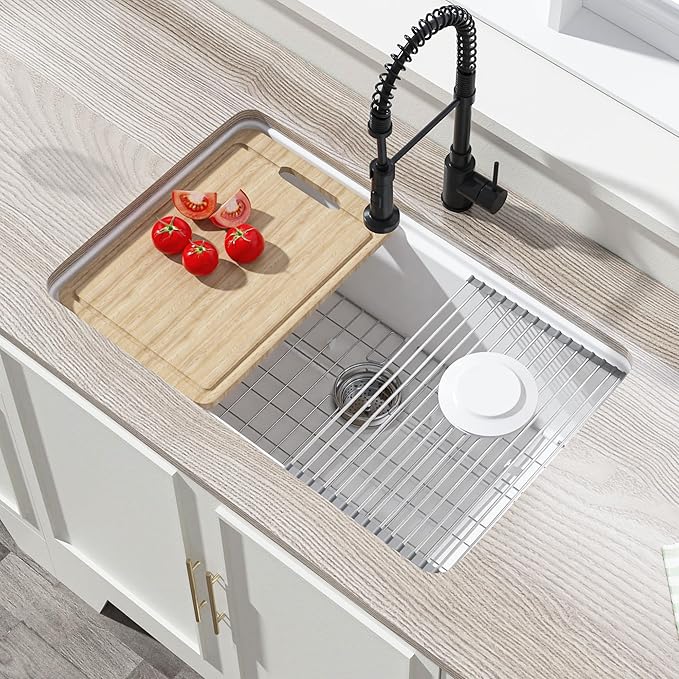 Miuara White Undermount Workstation Kitchen Sink 30 Inch - Topmount Fireclay Drop In Sink 30"x19"x10", Dual Mount Heavy Duty Deep Single Bowl, with 4 Custom Accessories, for Kitchen, Island